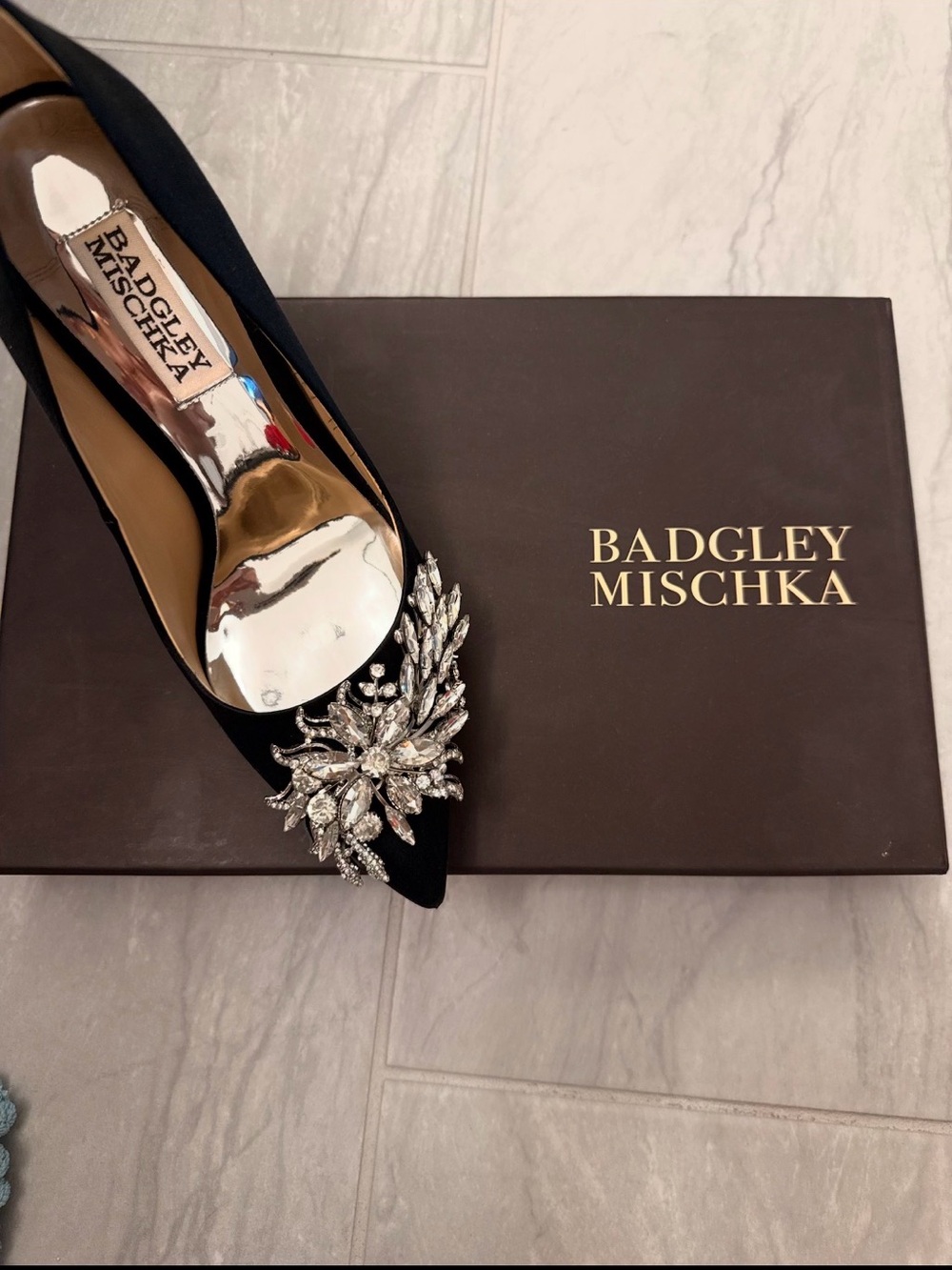 Badgley Mischka Black Pointed Toe Pump with Crystal Brooch